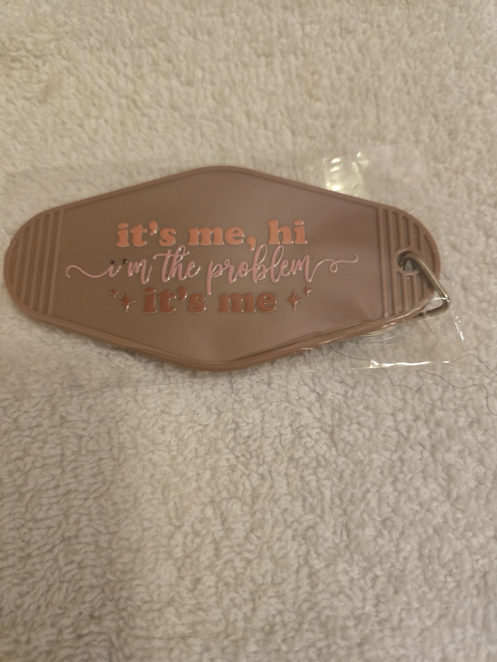 Quote Keychain - Tan And Blush Pink "it's me, hi i'm the problem it's me"